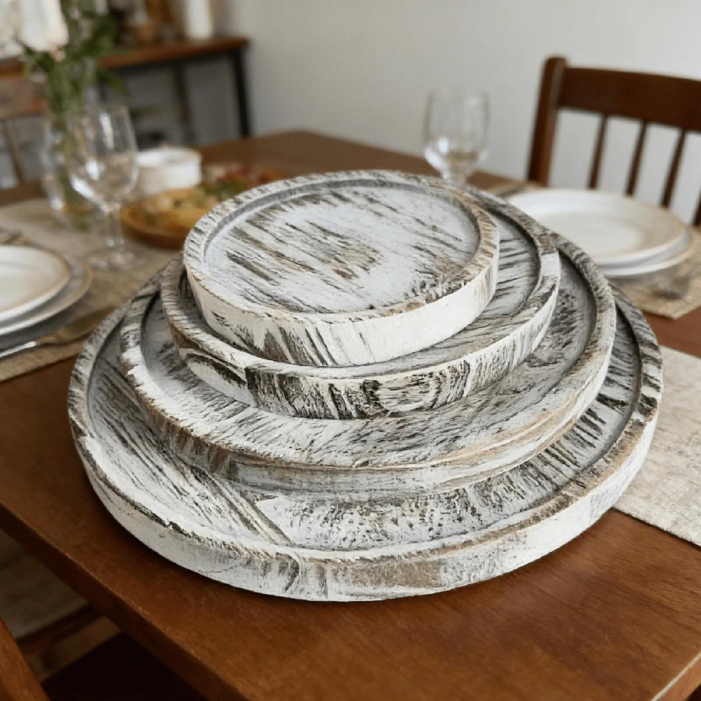 Elevate your space with this chic distressed white round wood tray set!Rustic farmhouse charm for coffee tables & kitchen decor✨