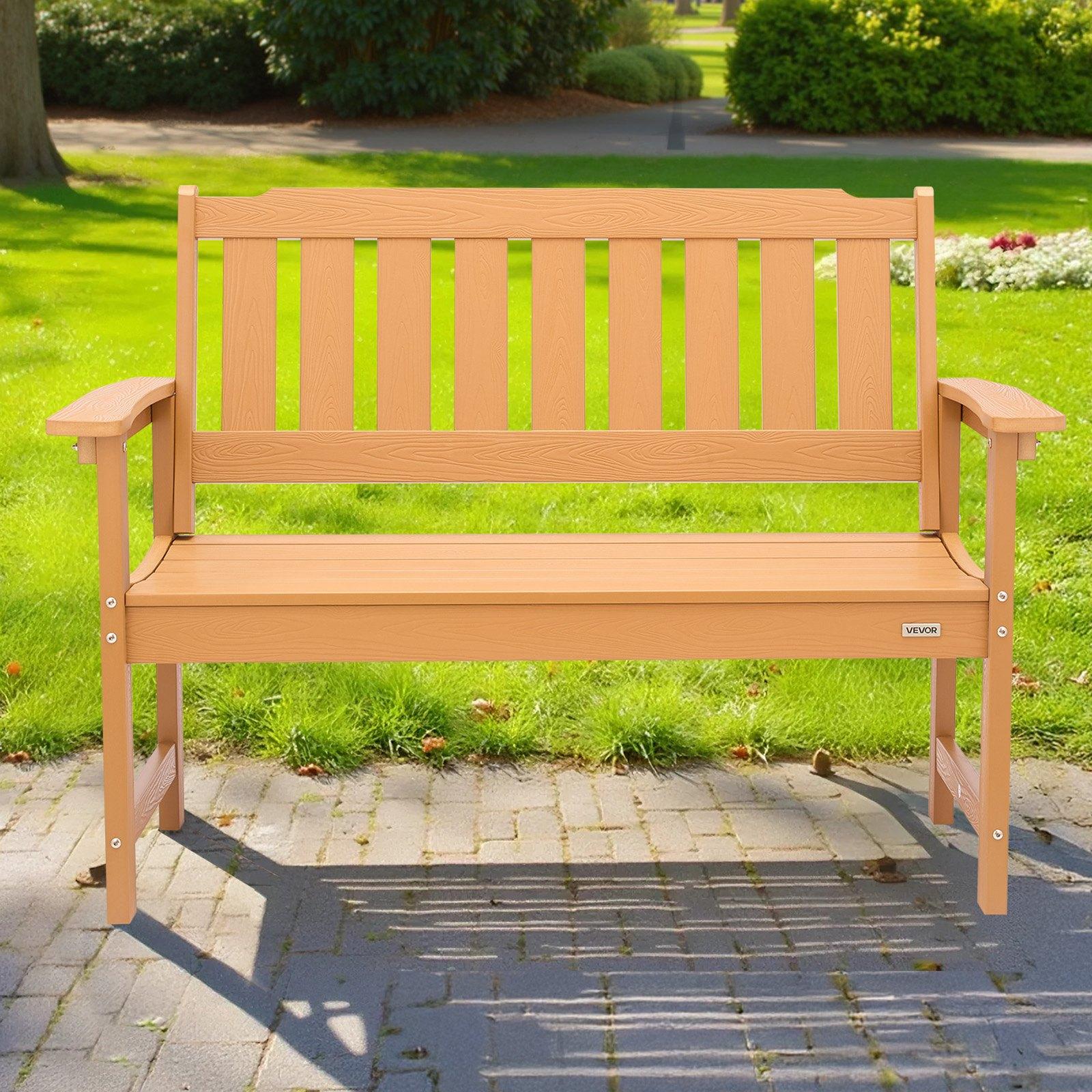 VEVOR Outdoor Bench, 50.5 inch, 800 lbs Weight Capacity for 2-3 Persons, Weatherproof Plastic Frame with Backrest and Wide Armrests, Outside Bench for Patio, Garden, Park, Yard, Natural Wood Color