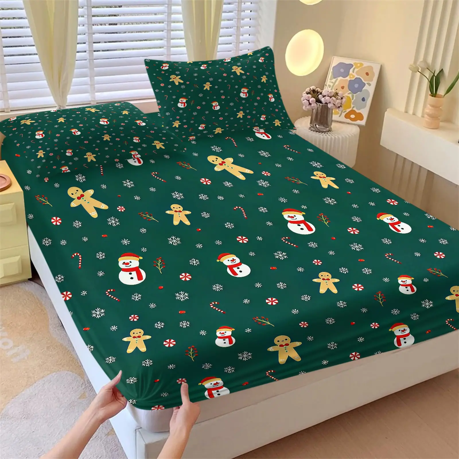 Christmas Snowman Gingerbread Fitted Sheet Set, Festive Winter Holiday Print Bed Sheets Set, 1 Fitted Sheet & 2 Pillowcase No Filling, Soft Deep Pocket Bedding Set, Gift for Family Bedroom Dorm Decor