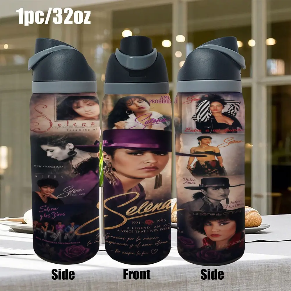 1pc 32oz 960ml 304 Stainless Steel Tumbler, Selena legendary singer portrait art print, premium dark retro vibe, novelty gift tumbler for Selena enthusiasts