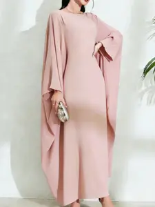 Muslim Elegant Batwing Sleeve Abaya, Middle Eastern Loose Pure Color Long Dress, Stylish Islamic Fashion, Comfortable and Chic