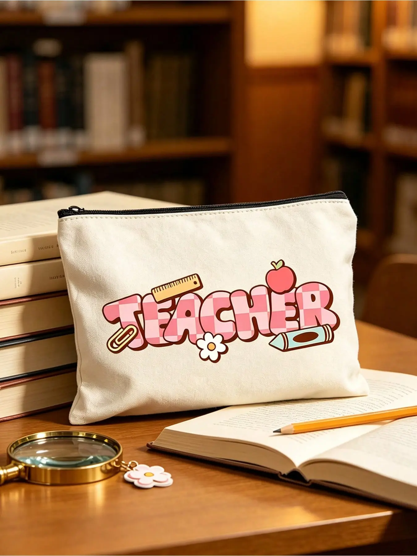 Teacher’s Day themed large-capacity multifunctional makeup bag, printed with 'TEACHER' letters and ruler and pencil patterns, multifunctional document pouch, portable stationery bag, toiletry storage bag, receipt pouch, and student exam pencil case