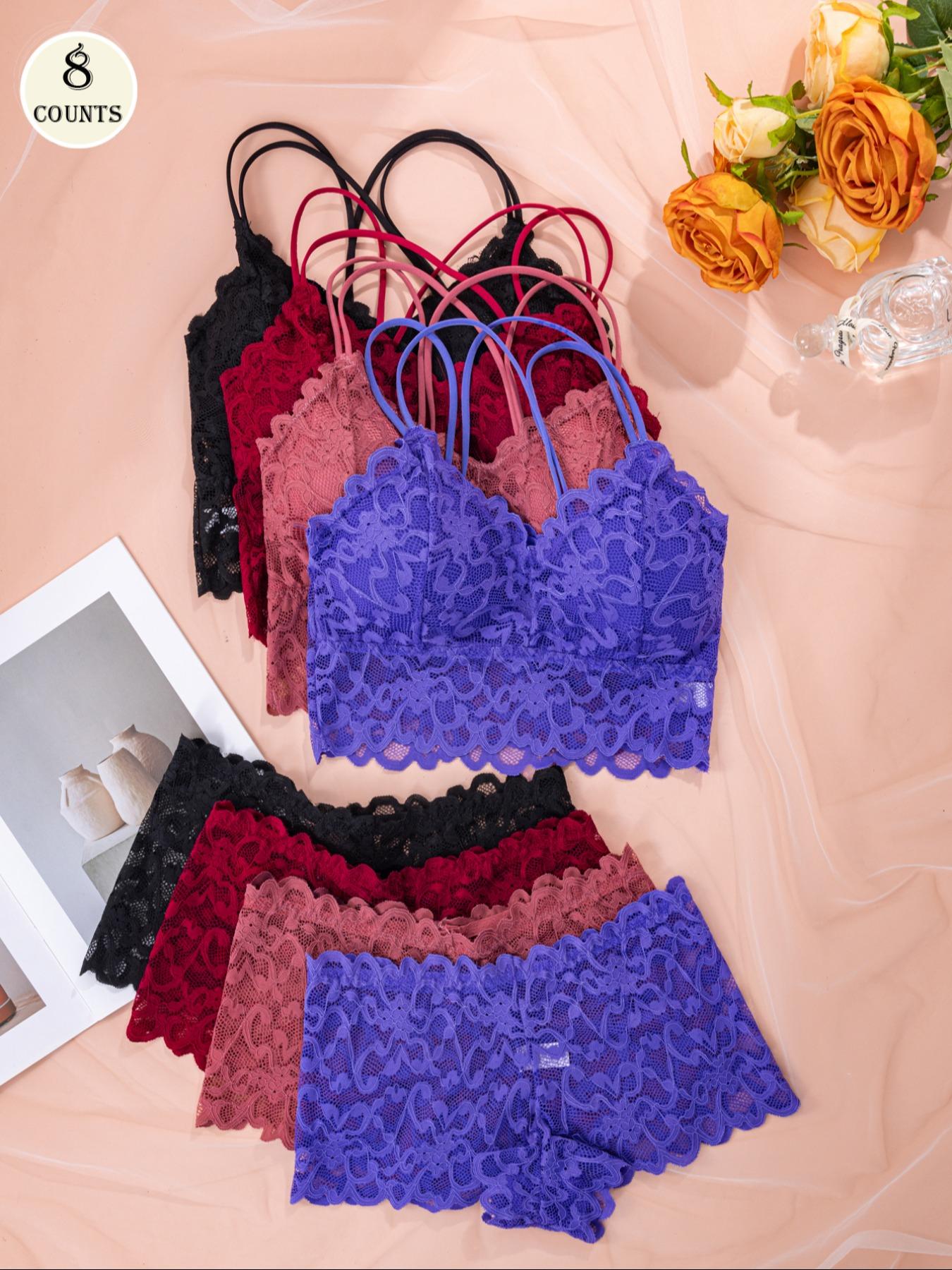 Women's Contrast Lace Backless Wireless Bra & Panty Underwear Set, Sexy Comfy Breathable Pink Lingerie Set for Daily Wear, Underwear Set for Women