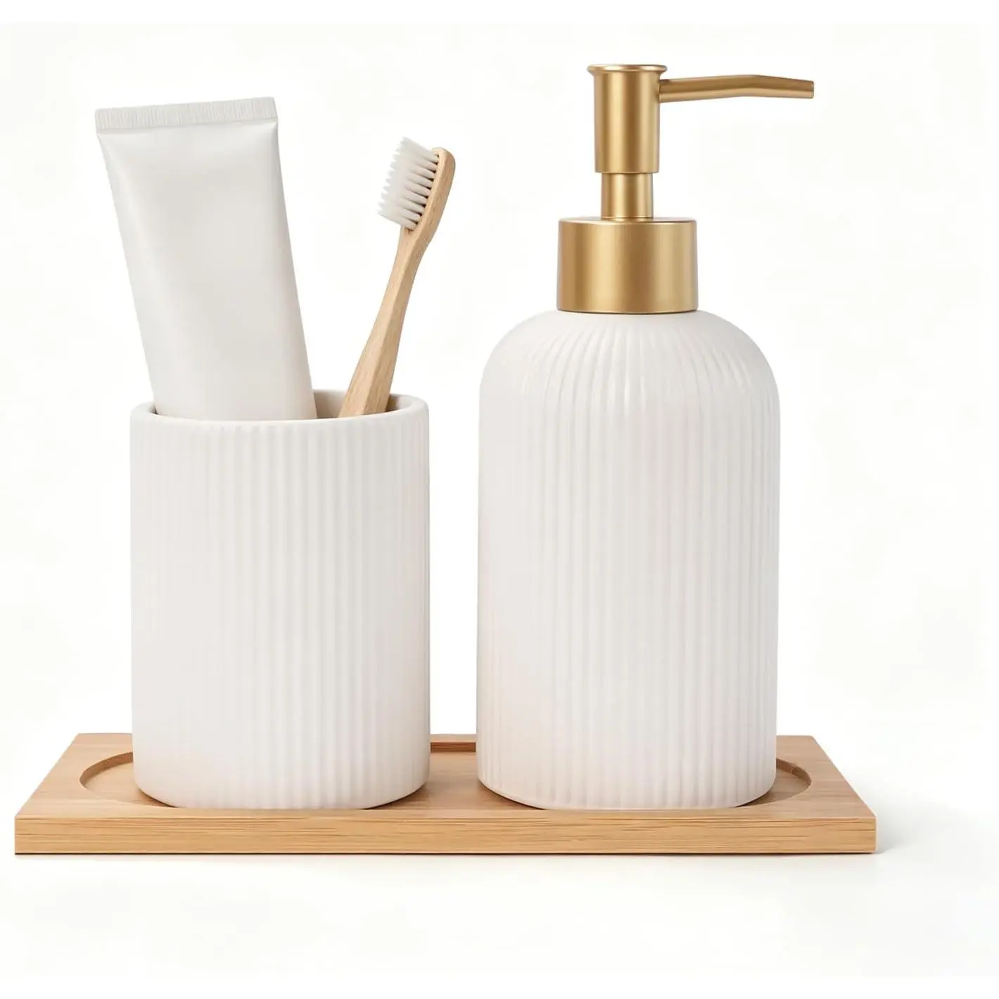 RETON 3-Piece Minimalist Ceramic Bathroom Accessory Set, Smooth Glossy Stripe White Soap Dispenser, Toothbrush Holder Cup with Bamboo Tray for Bath Countertop Organization & Decor, Pump, Plastic