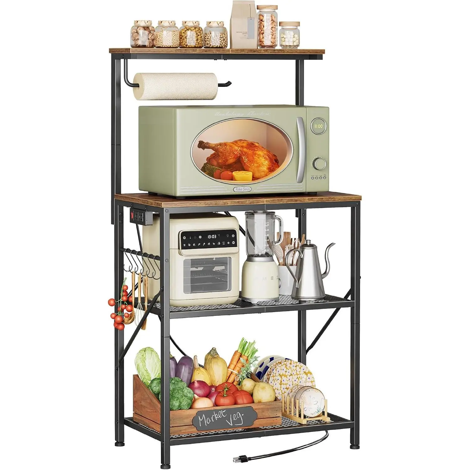 4-Tier Bakers Rack with Reversible Power Outlet, 23.6 Inch Microwave Stand, Kitchen Coffee Bar, with Top Shelf, 6 S Hooks, Rustic Brown