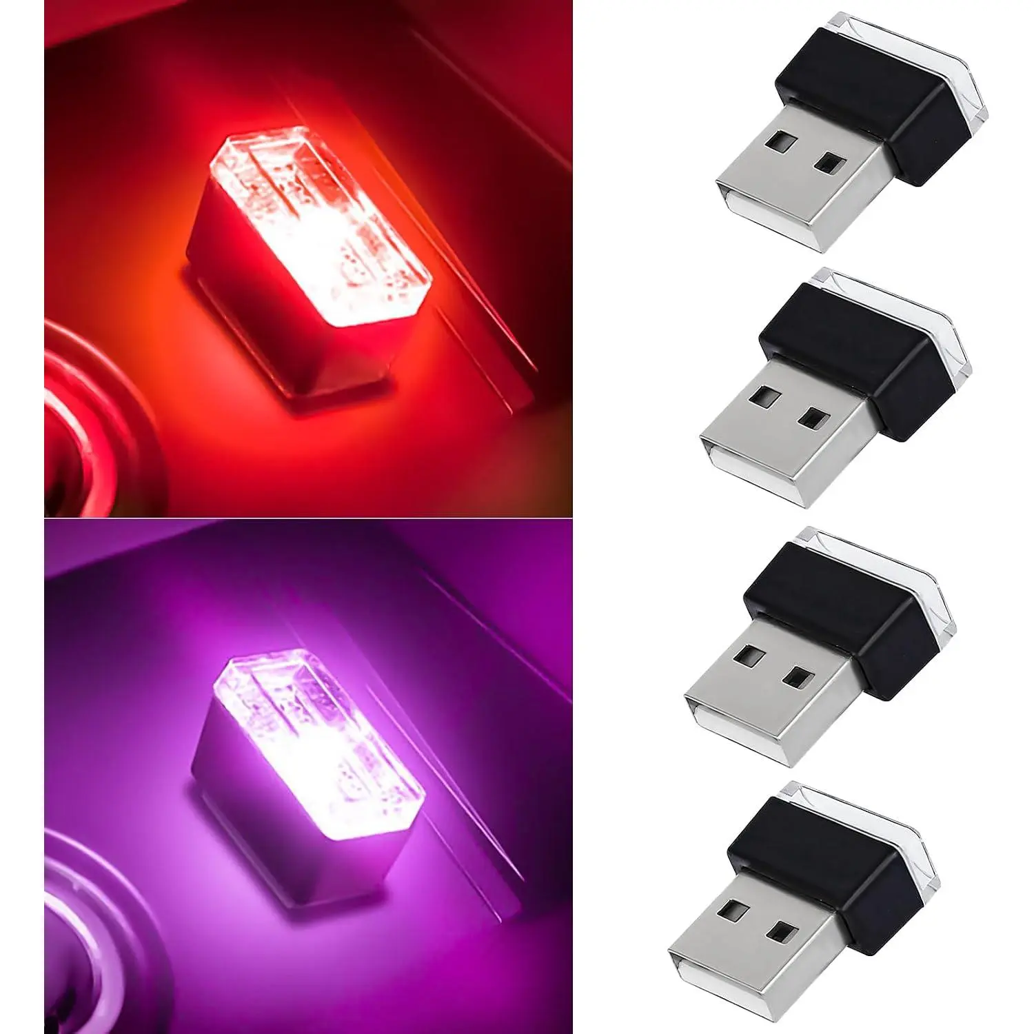 4 count USB LED  Interior Atmosphere Lamp, Portable Mini Auto LED Decor Night Light, Plug-in USB Interface Ambient Lighting Kit,   Interior Accessories (Red+)