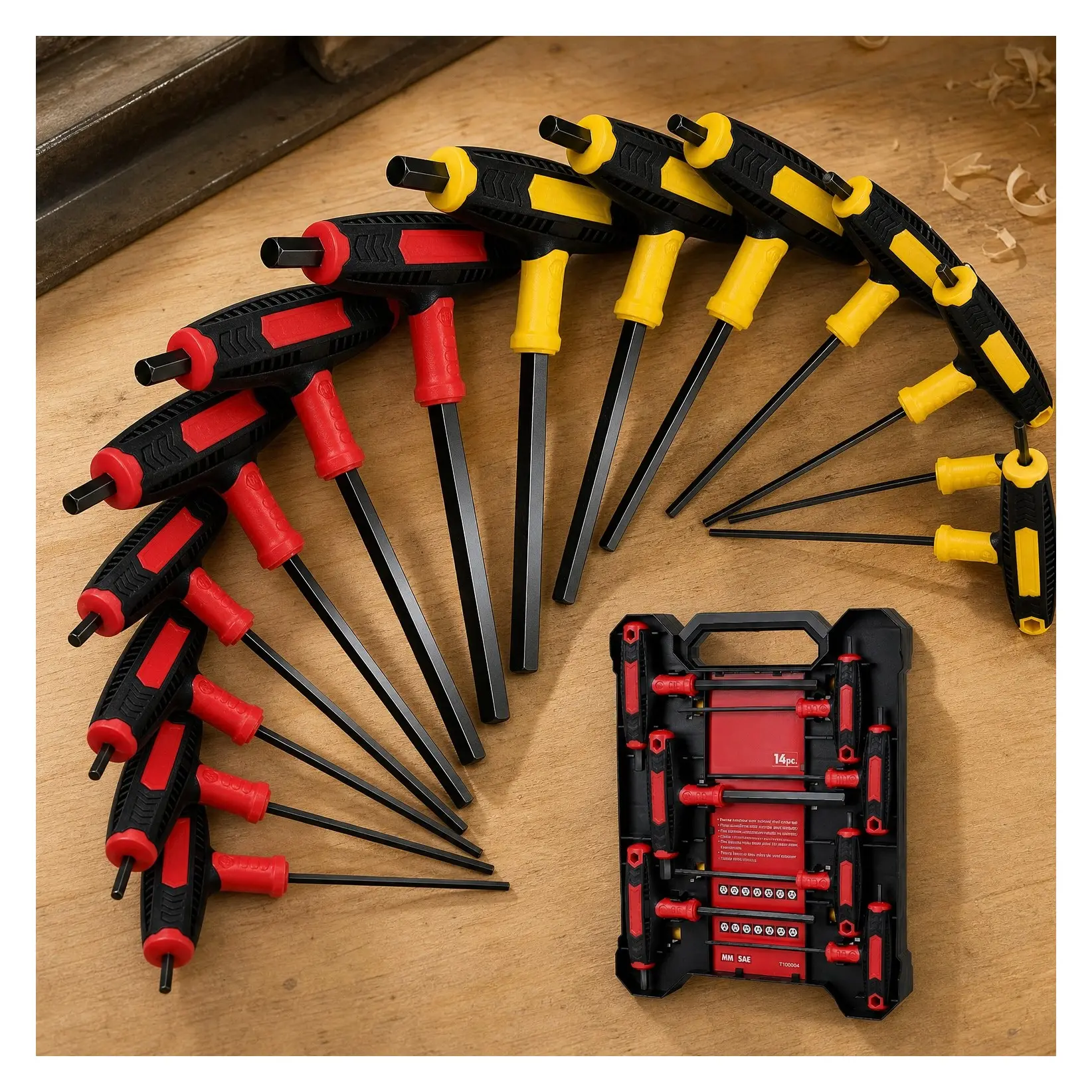 14-Piece Long Arm Allen Wrench Set with Storage Box, Metric & SAE T-Handle Hex Keys, Portable Tool Kit for Home Repair & Mechanical MaintenanceGift