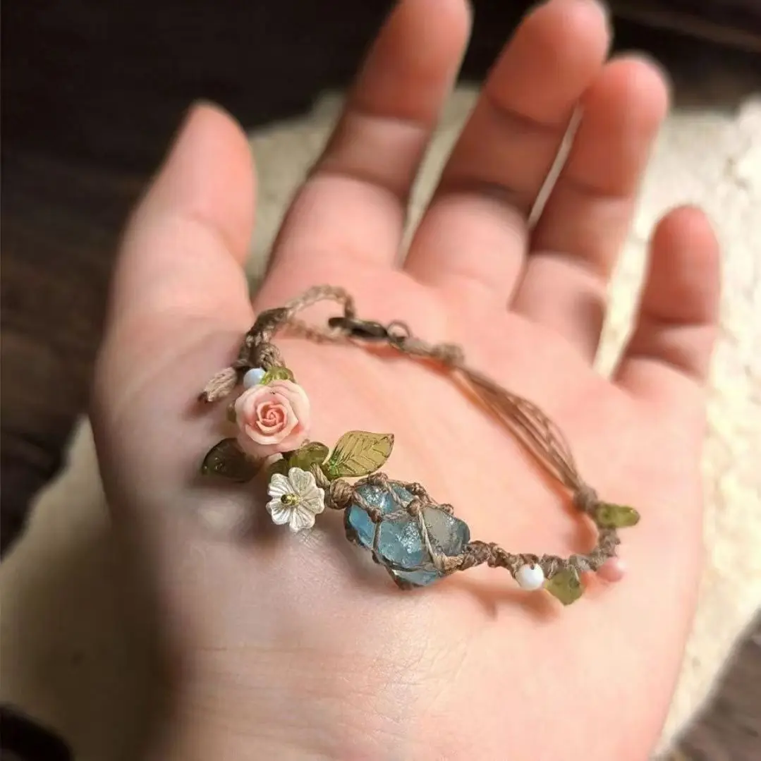 Handmade Woven Rope Bracelet with Natural Raw Aquamarine Beryl Stone, Alloy Charm Accent, Ballet & Dance Leisure Accessory, Gift for Best Friends, no, Raw Stone Charm
