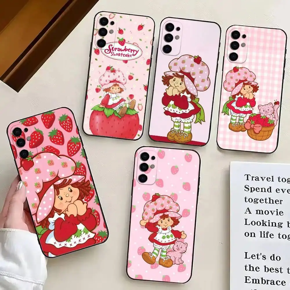 S-Strawberry GIRL S-Shortcake Anime Phone Case Black Silicone Soft For Samsung S26,S25,S24,S23,S22,S21,Ultra,Plus,Fe,&iPhone 17 16 15 14 13 12 11 Pro ProMax Plus Air