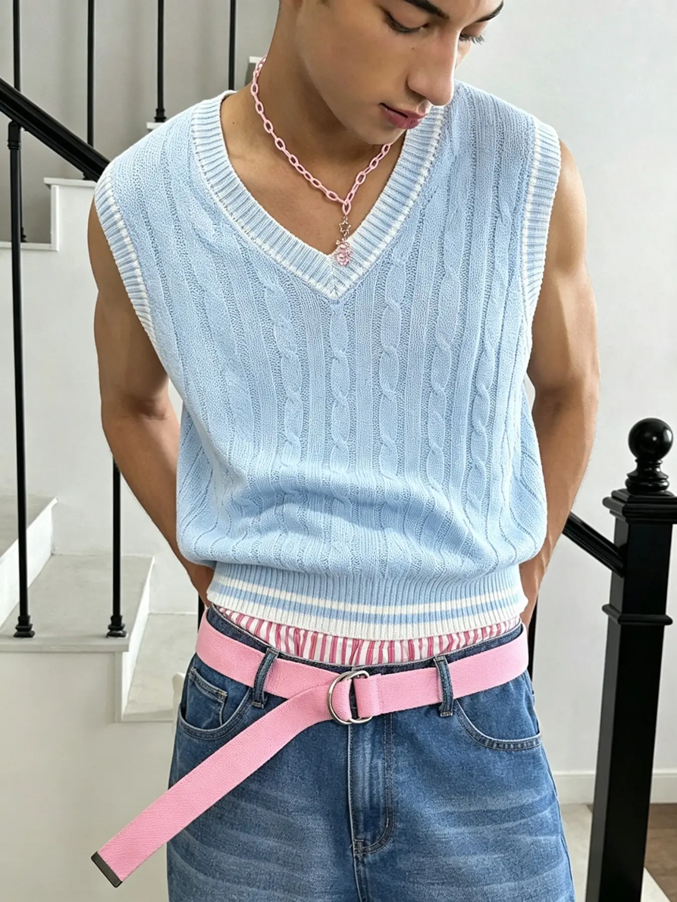 Y2K Blue Campus Style Knit Vest, Comfortable Soft Breathable Fabric, Casual Streetwear V-Neck, Spring & Fall Essential, Men's Loose Fit