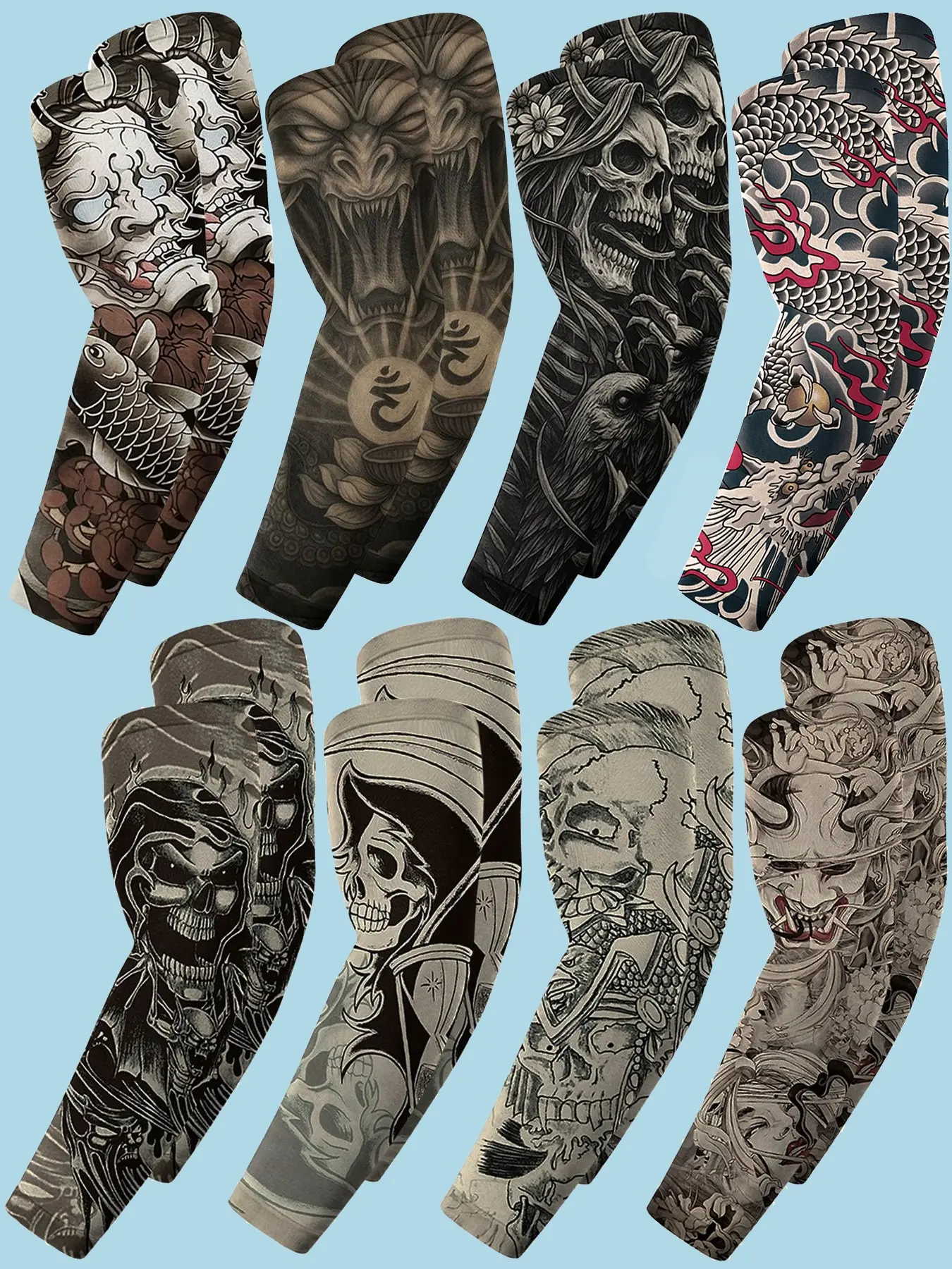 8 Pairs Arts Temporary Tattoo Sleeves Set Arts Temporary Fake Slip On Tattoo Arm Sleeves K，Tattoo Sleeves for Men Women  Fake Temporary Tattoo Arm Covers Designs Tiger, Crown Heart, Skull, Tribal and Etc Convenience