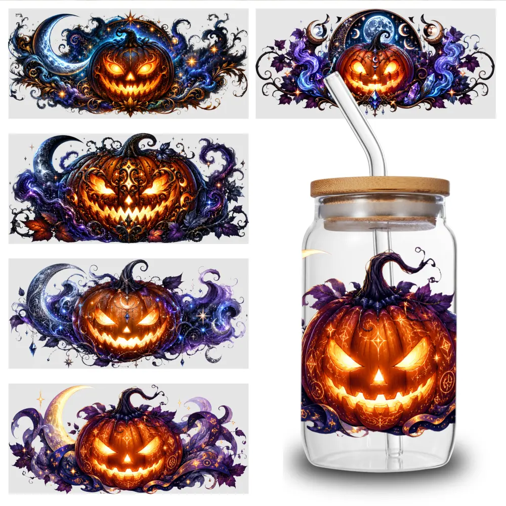 5 Sheets Halloween Pumpkin UV DTF Stickers UV DTF Transfer Paper for 16oz Glass Cups, Scratch-Resistant Decals with Vibrant Colors & Easy Application, for Mugs & Water Bottles, 4.3" x 9.4"