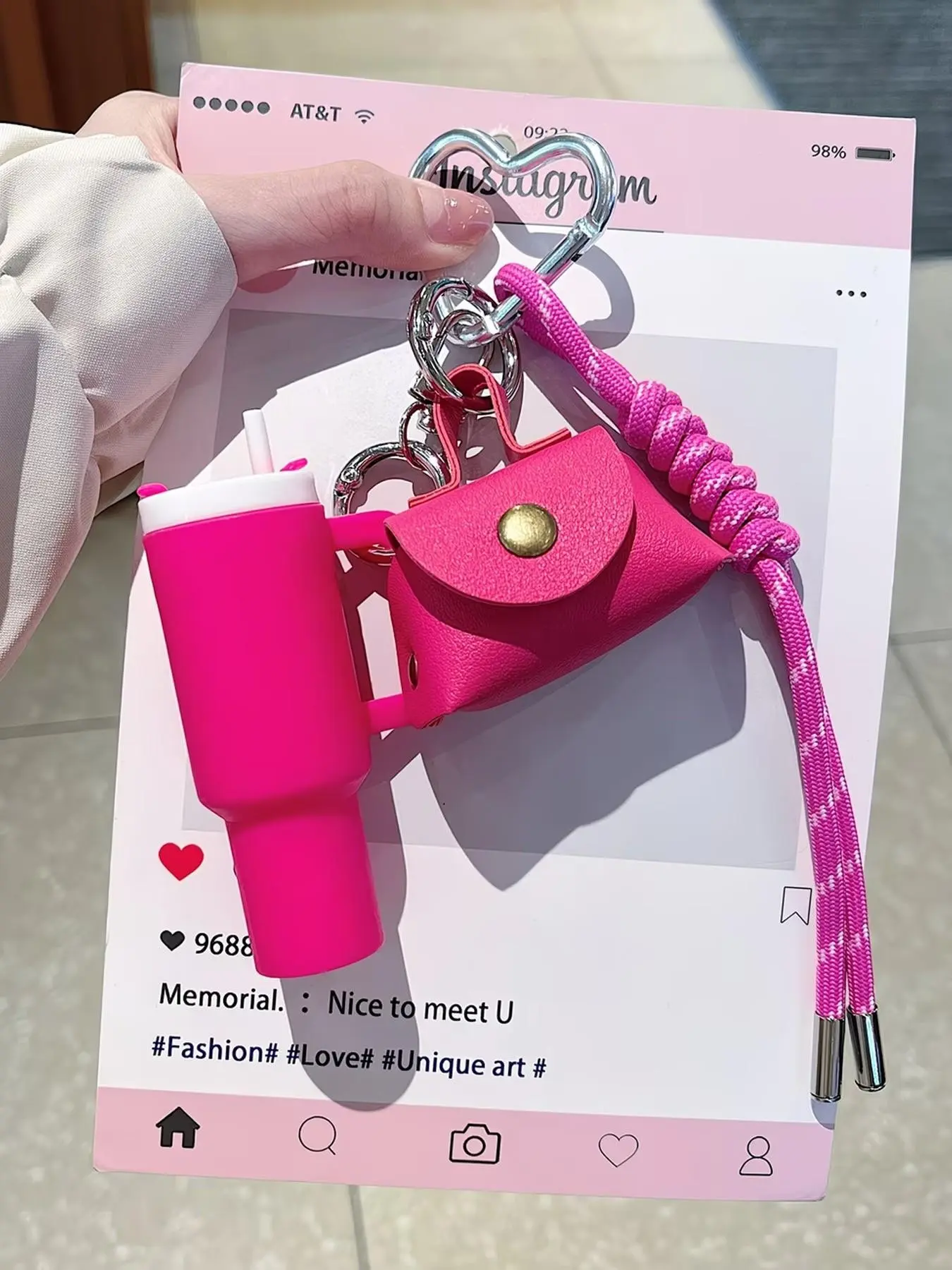Mini Tumbler Cup Bag Charm Fashion Keychain Heart Carabiner Tiny PU Leather Coin Purse Braided Rope Wrist Strap Cute Aesthetic Bag Pendant Cute Keychain Accessory Gift For Women Teen Girls