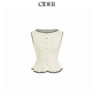 Cider Knit Boat Neck Colorblock Ruffled Hem Metal Button Vest Dealsforyou