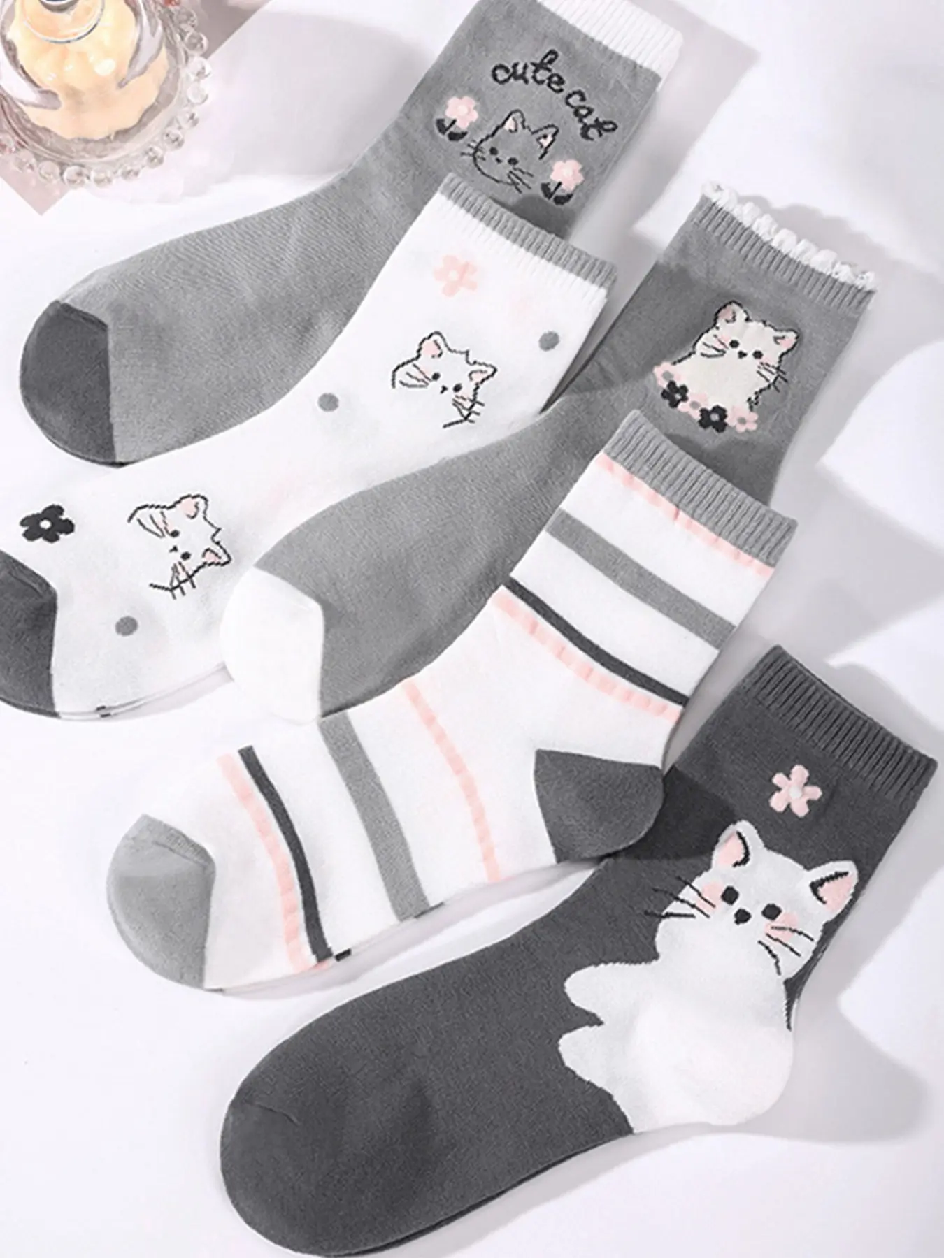 5 Pairs Cute Cat Mid-Calf Socks, Soft Comfortable Breathable Socks, Student Socks, College Style Design, Suitable for All Seasons