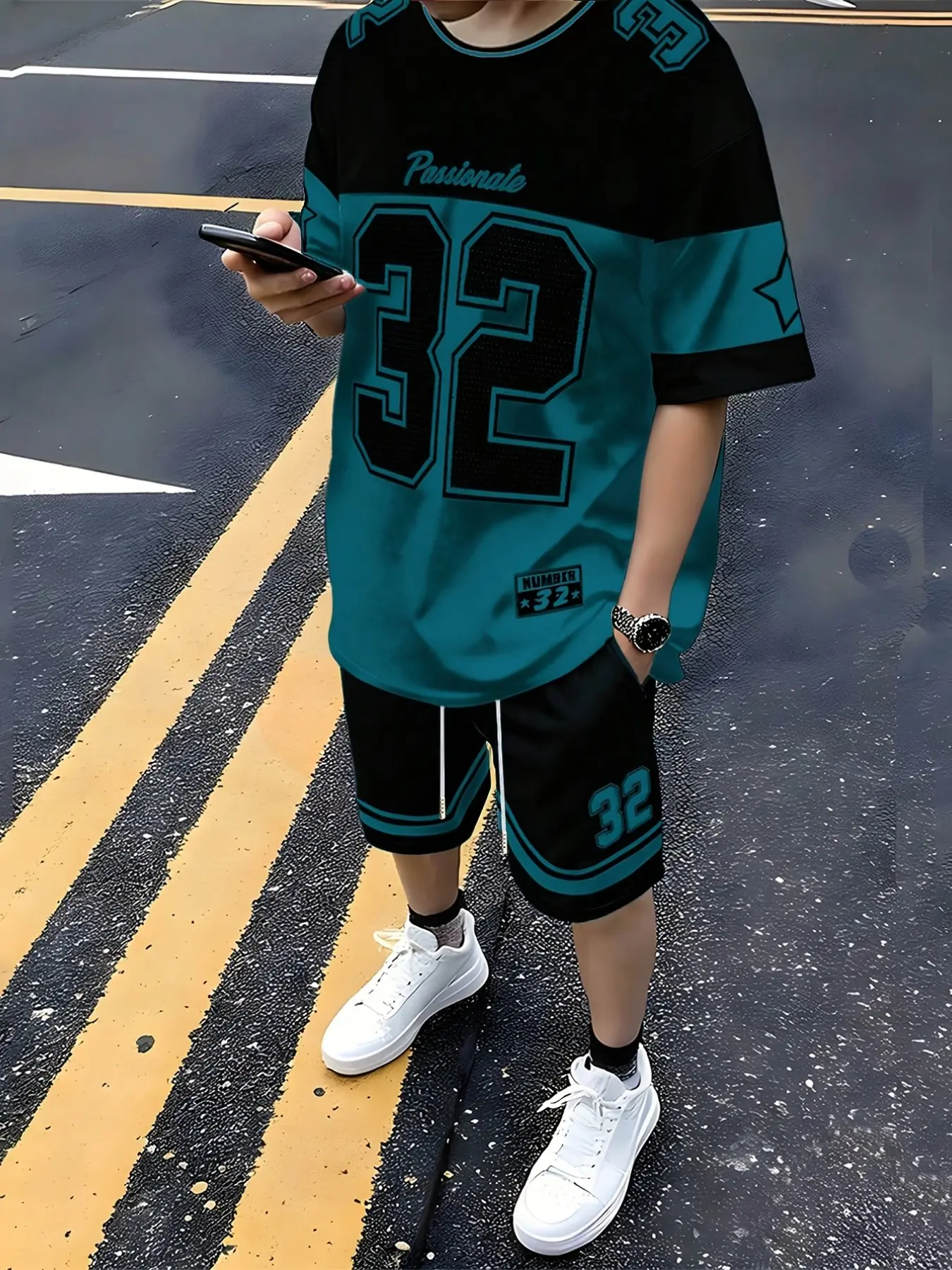 American Campus Basketball Style Casual Suit, Sportswear Outfit for Summer, Colorblock Shoulder Large Number Print, Loose Round Neck Short Sleeve Shorts Set