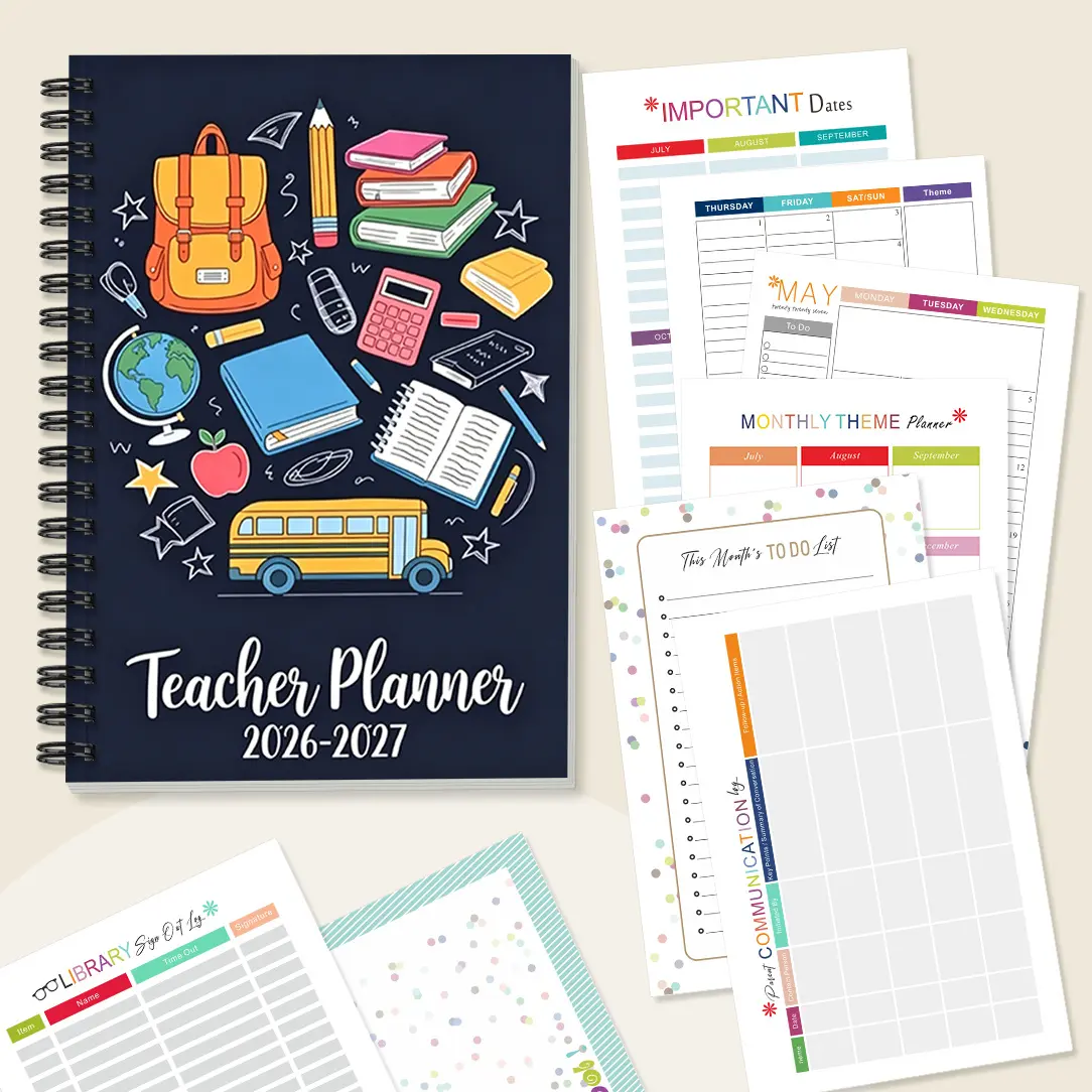 Teacher Spiral Bound Planner Notebook, 8.3x5.5 Inches, Blackboard Style School Design, 2026-2027, Academic Planner, Ideal for Teachers, Professors, Students