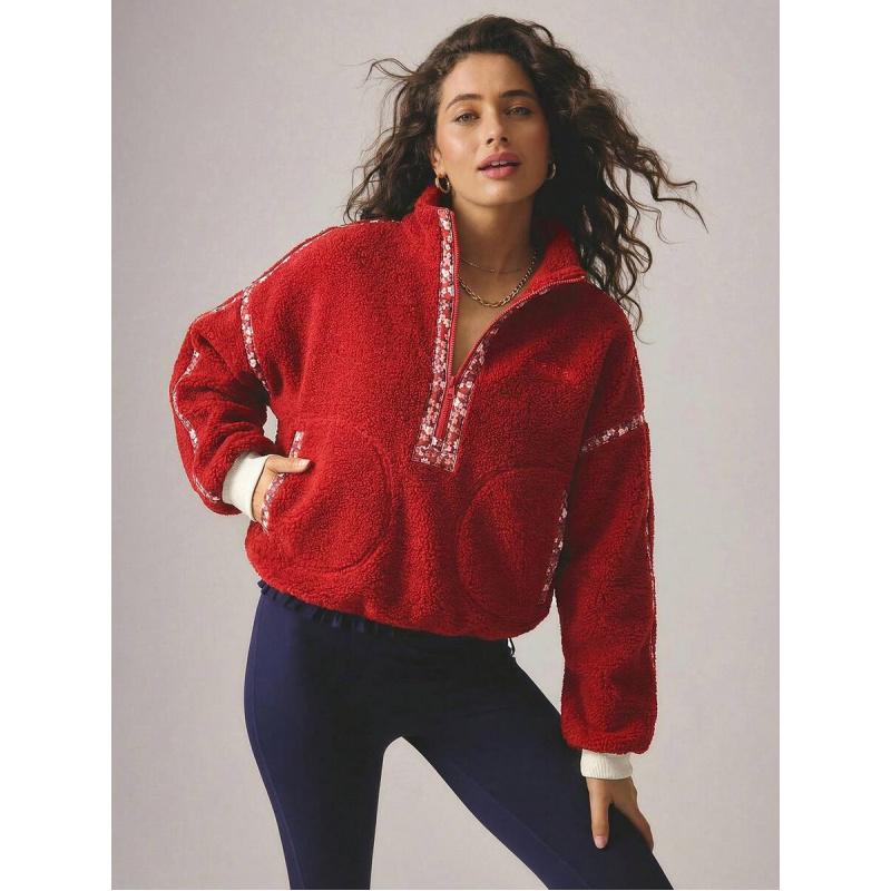 Leisurewear Fall / Winter Half Zip Floral Printed Fluffy Fleece Jacket With Internal Drawcord Gym Workout Comfy Airport Outfit