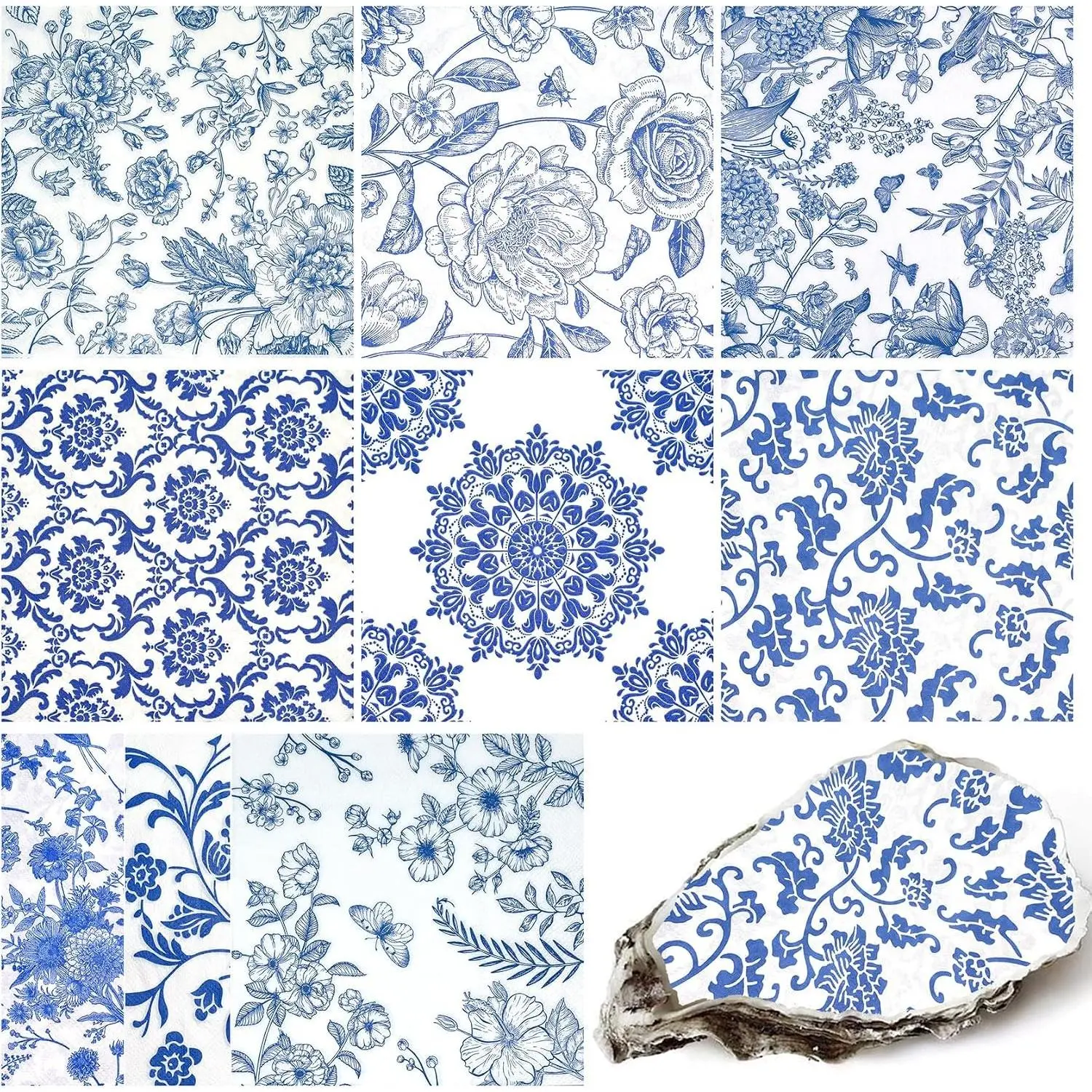Decoupage Napkins Assorted Floral 27 Pack 9 Styles for DIY Crafting Birthday Party Decorative Decoupage Napkins Cocktail Paper Each Unfolded 13 Inch (Blue Floral)