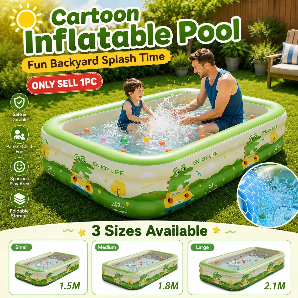 Inflatable Swimming Pool, Cute Green Crocodile Pattern Pool, 3-Layer Family Blow Up Pool, Thickened PVC Rectangular Water Tub with Leak-Resistant Design, 1.5/1.8/2.1m Large Backyard Pool for Kids Adults, Garden Patio Lawn Summer Outdoor Party