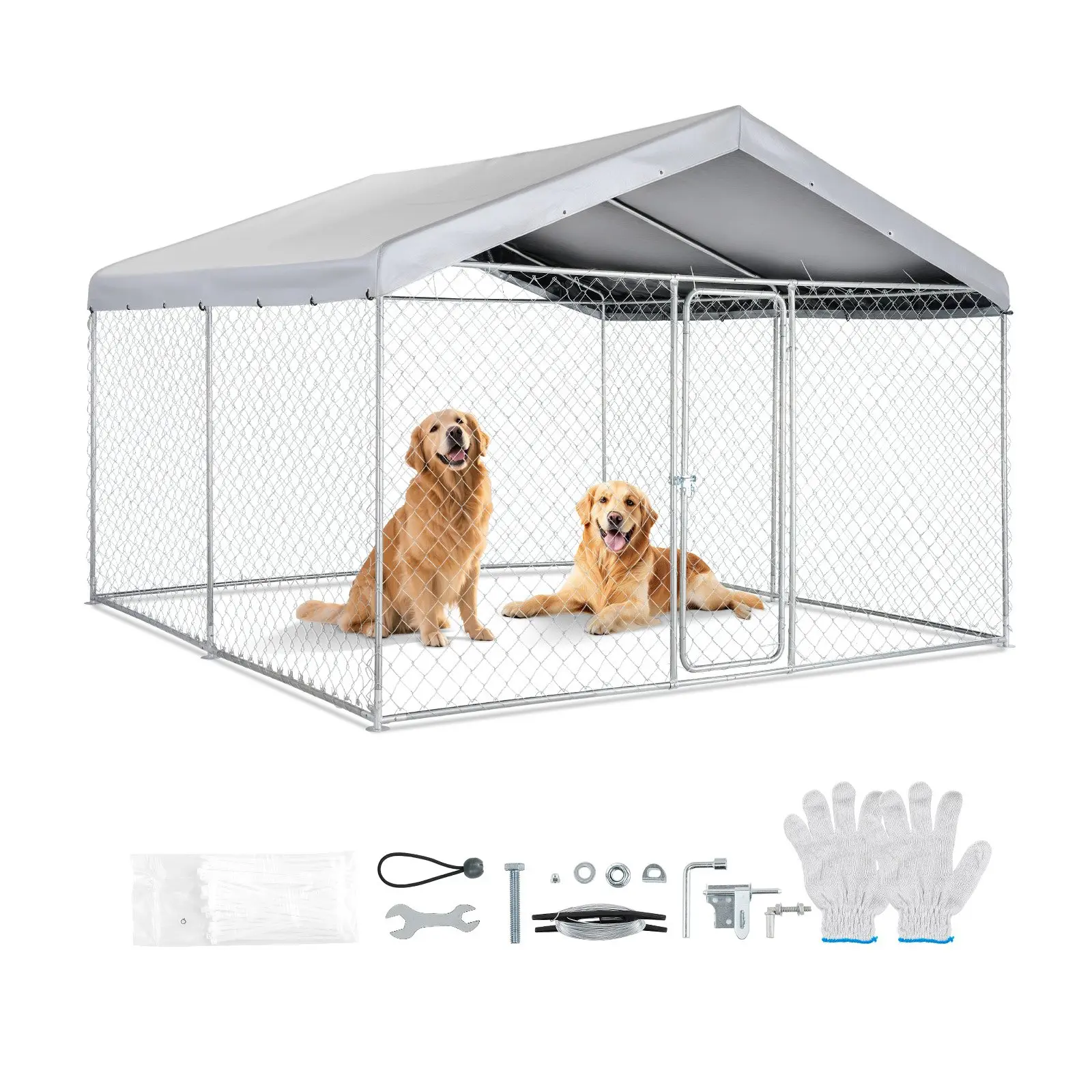 VEVOR Outdoor Dog Kennel, 9.84x 9.84x 7.05 ft Large Dog Kennel with Secure Lock, Outside Dogs Enclosures with UV-Resistant Waterproof Roof Cover, Heavy Duty Pet Crate Cage Run for Large Dogs