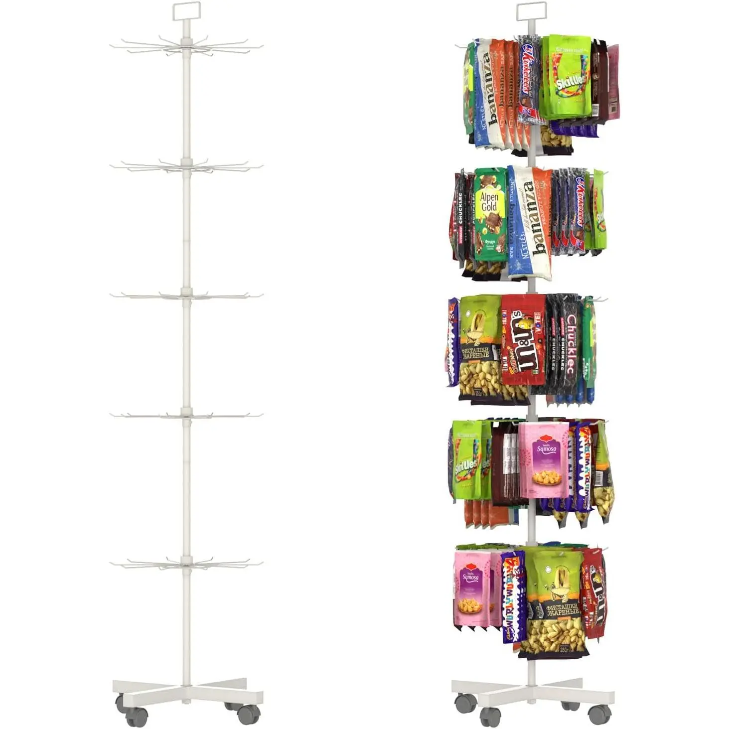 Retail Display Racks 5 Tier Spinning Display Stand, Movable Shop Spinner Rack with Hooks, Retail Display Stand for  Keyring Hats Socks Toys (White)