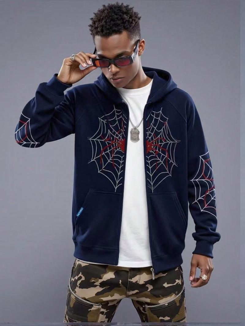 Boys' Spider Web Printed Pattern Hoodie Zipper Cardigan Sweater Hooded Sweatshirt Fleece Printed Casual Outdoor Pocket Sports Pants for Kids Ages 8-16 Years Old B2702