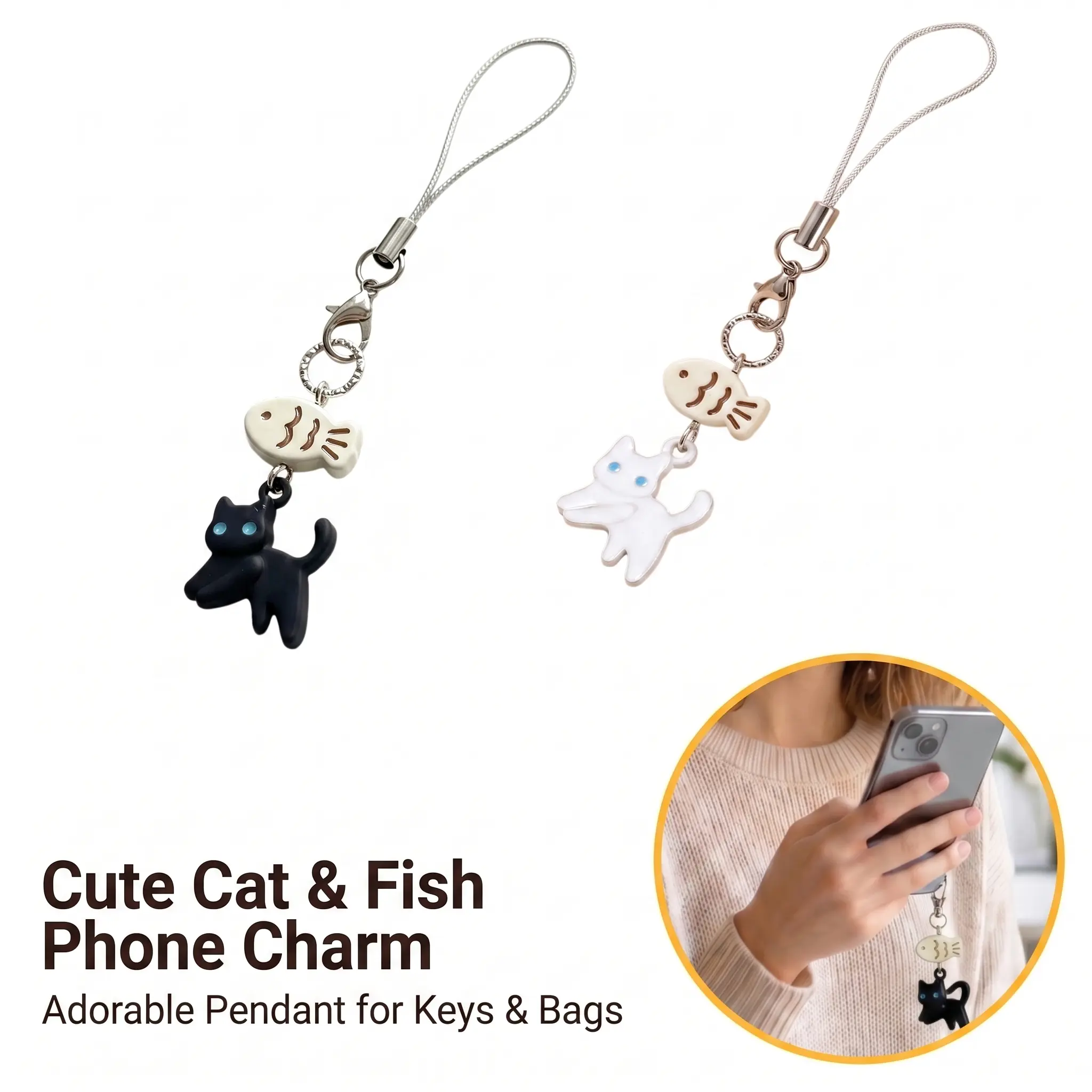 Cute Cat & Fish Design Keychain, Trendy Cute Keychain, Animal Shaped Pendant for Camera, Phone, Backpack, Fashion Accessories for Women & Men, Keychain For Bags, Stylish Keychain-YY0