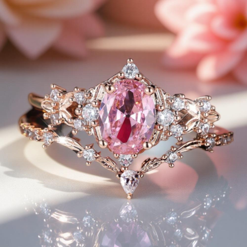 Cute Dainty Pink Flower Synthetic Zirconia Couple Rings, Promise Stacking Birthstone Rings, Golden Engagement Wedding Jewelry, Valentine's Day Mother's Day Christmas Gift