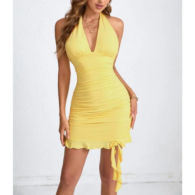 Women's Halter Mini Dress, Sexy Backless Bodycon with Ruched Sides and Asymmetrical Ruffle Hem for Summer Casual Wear