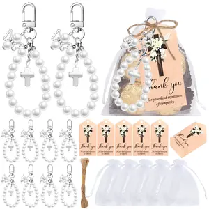 30PCS Sympathy Funeral Guest Favors Pearl Cross Keychain Kit with Organza Bags & Thank You Tags Celebration of Life Religious Keepsake Gifts