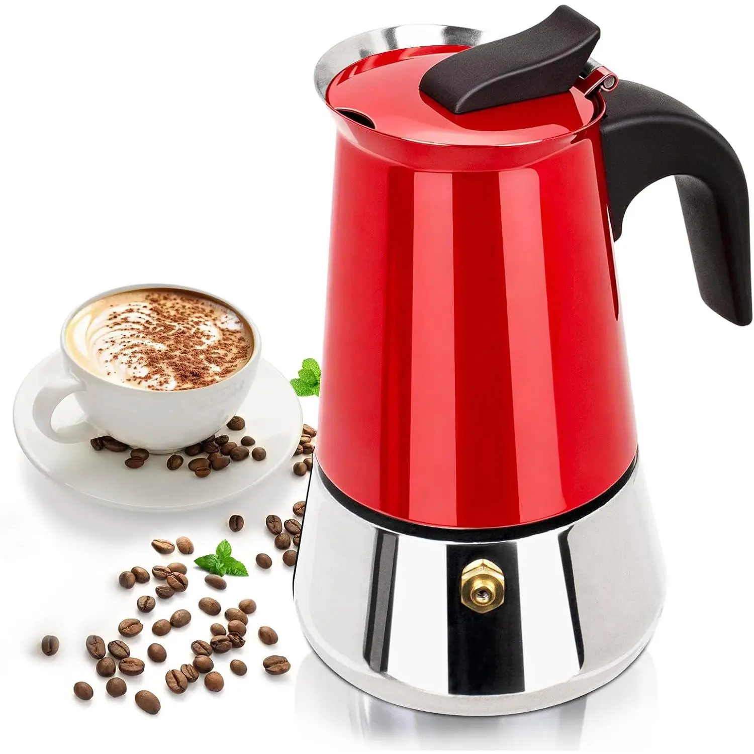 Stainless Steel Moka Pot Express Coffee Maker Stovetop Percolator Coffeemaker Italian Classic Style Brewing Greca Cafe Mocha Machine for Cafeteras Lover Camping Travel and  Use (Red, 2 Cup)