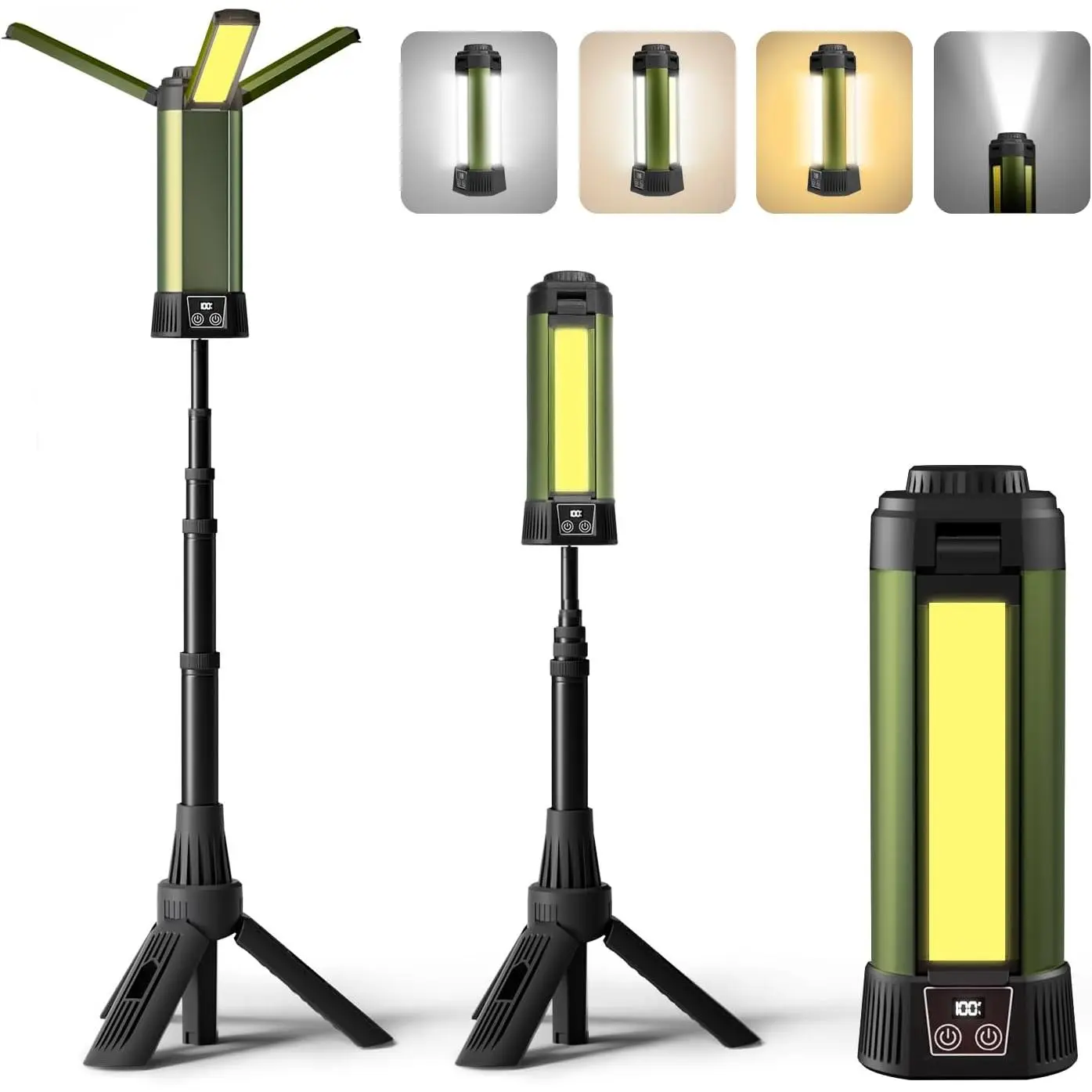3-Panel Rechargeable LED Work Light with Detachable Tripod Stand, Dimmable Camping Light 500/1000/2000 Lumen 3500-6500K Color Temperature, 6AH Battery Powered Handheld Flood Light with Hooks & Carry Bag, Green