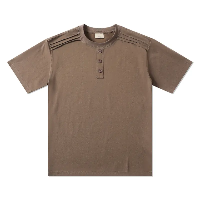 Brown Henley Neck Short Sleeve T-shirt, Three-button Placket, Pleated Stitch Details On Shoulder Areas, Regular Loose Fit, Soft Knit Fabric, Retro Minimalist Daily Casual Tee#SummerWins