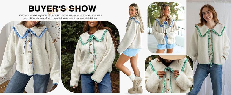Womens Fuzzy Fleece Jacket Peter Pan Collar Button Down Fall Winter Sherpa Coats Colorblock Cute Warm Outerwear