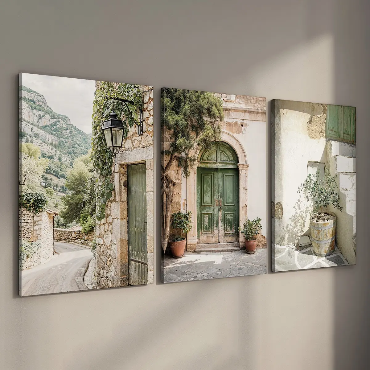 3pcs Set Green Boho Creative Wall Art, Stretched Framed Ready to Hang Canvas Prints, Mallorca Style Olive Tree and Botanical Plant Posters, Modern Nature Wall Decor for Living Room and Bedroom (Internal Wood Frame Included)