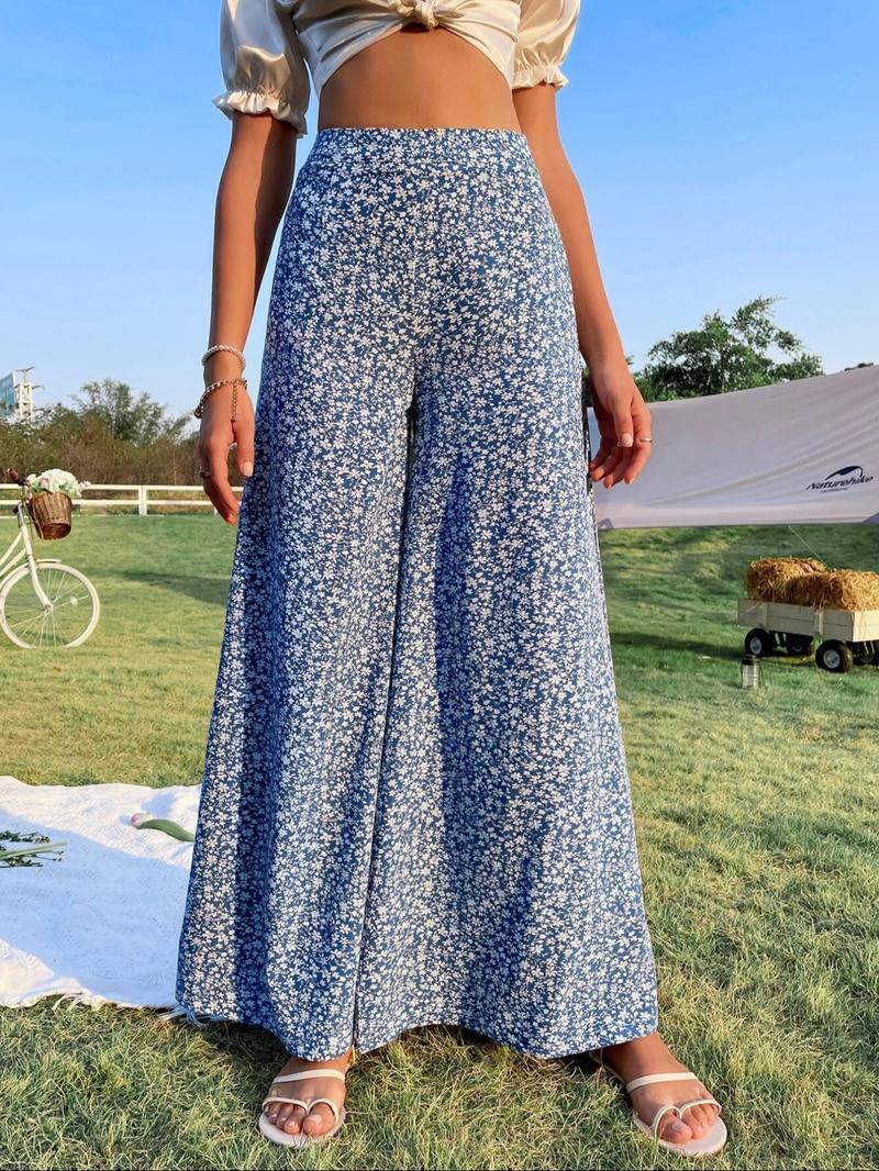 Women's Ditsy Floral Print High Waist Wide Leg Pants, Boho Casual High Rise Trousers for Beach Vacation Holiday, Summer Outfits 2024, Ladies Bottoms for Summer, Wide Legged Pants