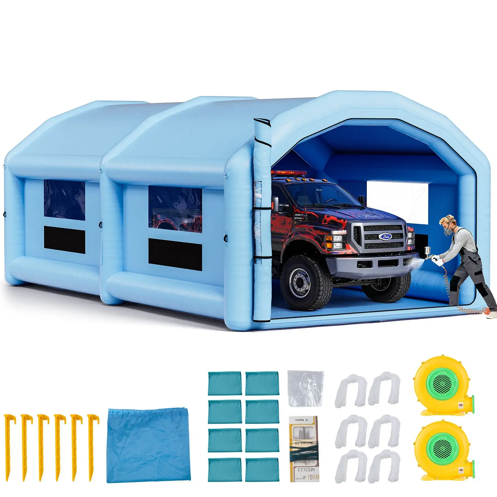 VEVOR Inflatable Paint Booth, 32.81x19.69x13.12 ft Round Roof, 950W & 1100W Blowers, High-Efficiency Positive Pressure System with Dual Filter Pads, 134.59 lbs/61.05 kg Angled Top, for Car & Furniture Painting, Car Painting, Reduces Paint Smells