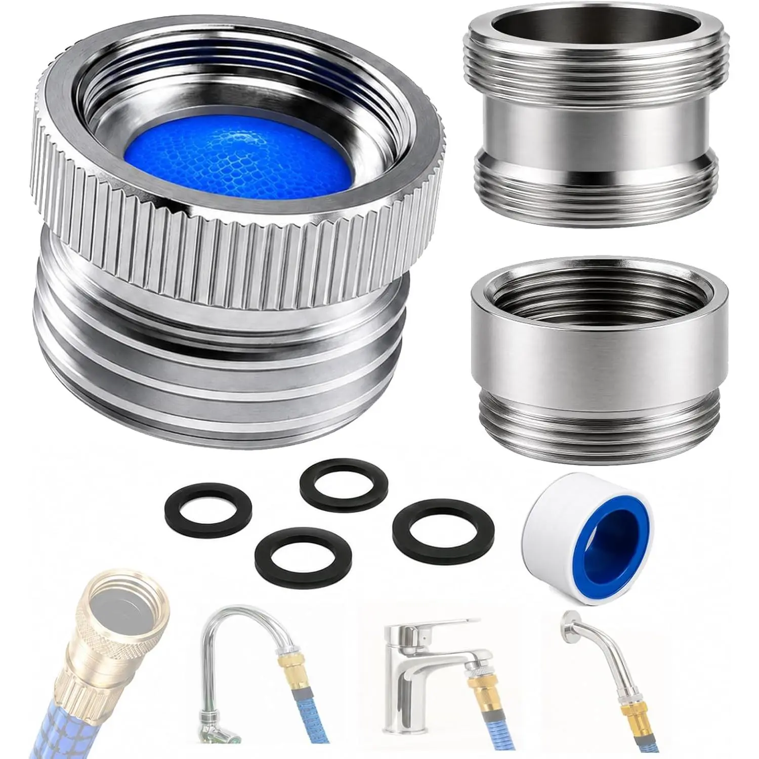 Faucet Adapter with Aerator, Sink Faucet to Garden Hose Adapter, Chrome Brass Faucet to Hose Adapter, Fits G1/2" Female, 55/64" Female and 15/16" Male to 3/4" GHT, with Washers and PTFE Tape