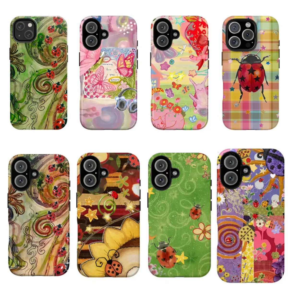 Whimsigothic Ladybug Smartphone Casing, Aesthetic Heart Wing Insect Collage Handheld Cellphone Case for iPhone 12-17 Pro Max/Pro Plus & Samsung Galaxy S22-S26 Ultra Plus, Stylish Gift for Her