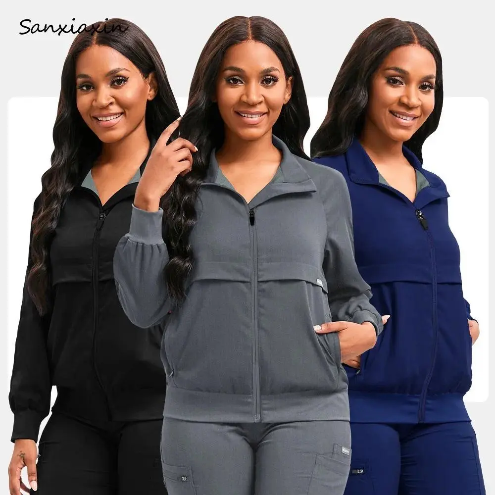 Women's Multi-Size Long-Sleeved Solid Medical Scrub Jacket, Nurse Hospital Surgical Coat, Pharmacy Beauty Salon Workwear