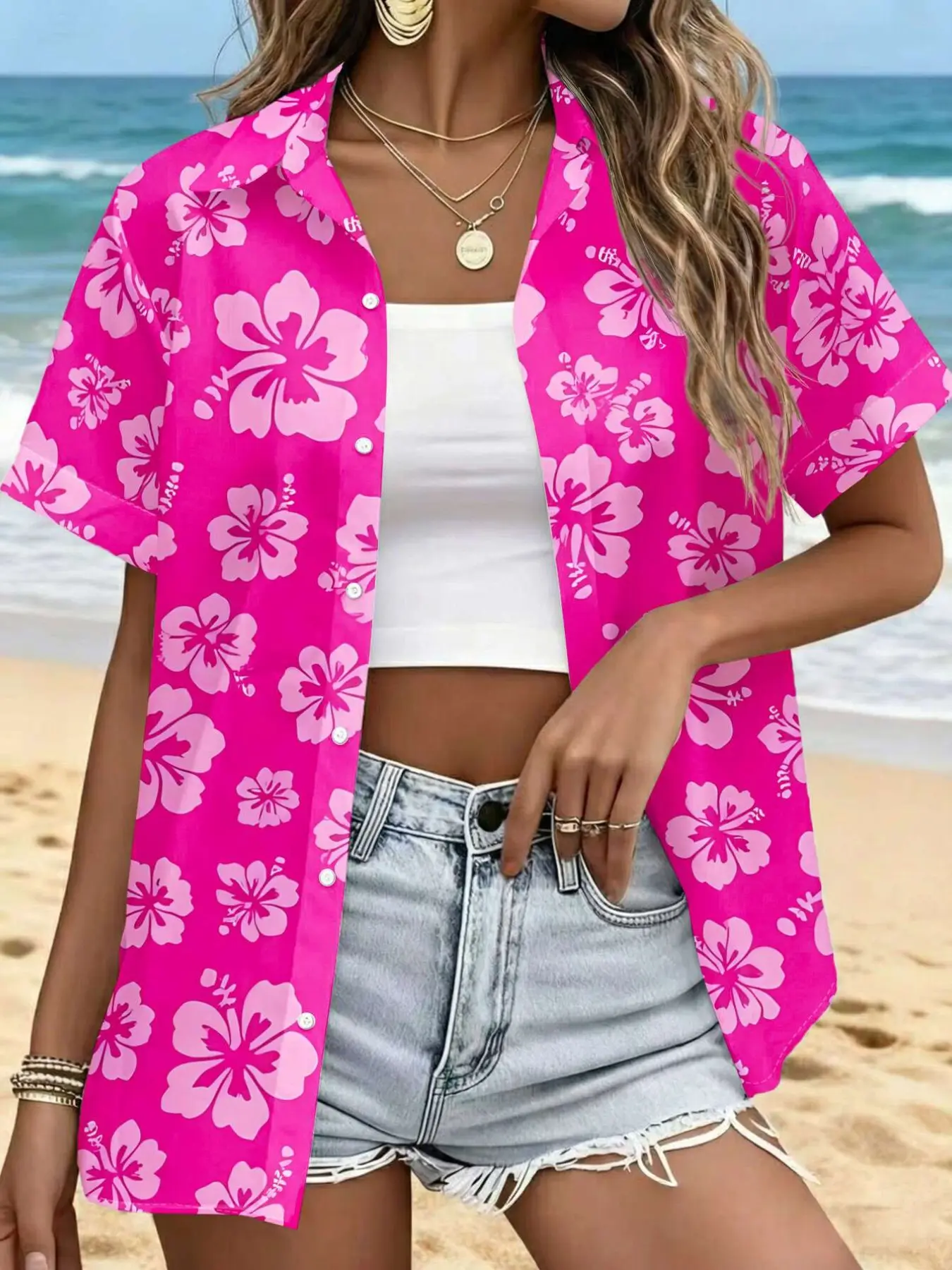 Summer Casual Shirt, Floral Short Sleeve Button-Down, Lightweight Breathable Fabric, Perfect for Beach, Comfortable Daily Wear