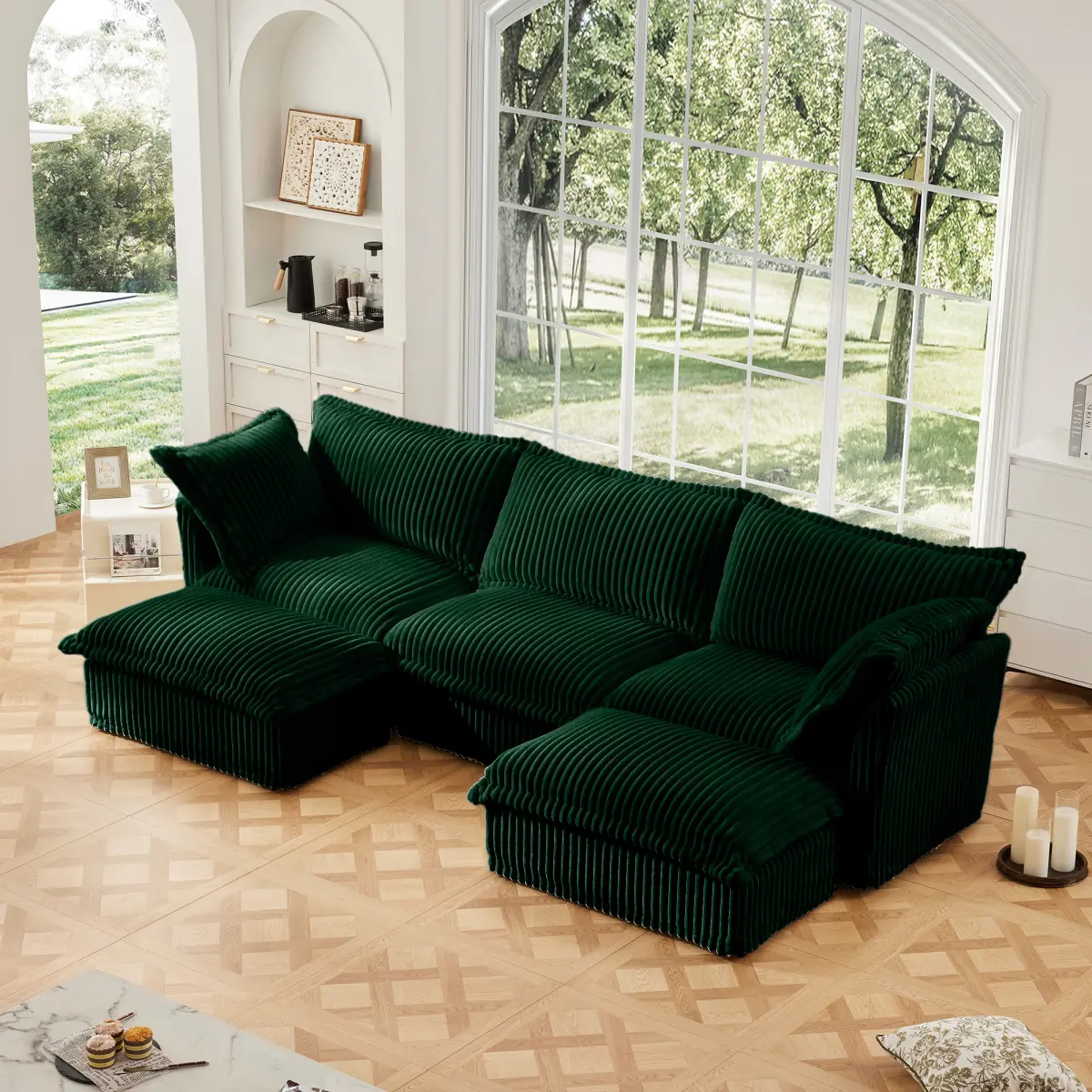 Slipcovered U Shape Sectional Deep Seat Sofa Couch, 3 Seater Sofa with French Edges Design Multiple Big Pillows, Modular Deep Seat Sectional Sofa Comfy Cloud Couch for Living Room, Apartment, Green