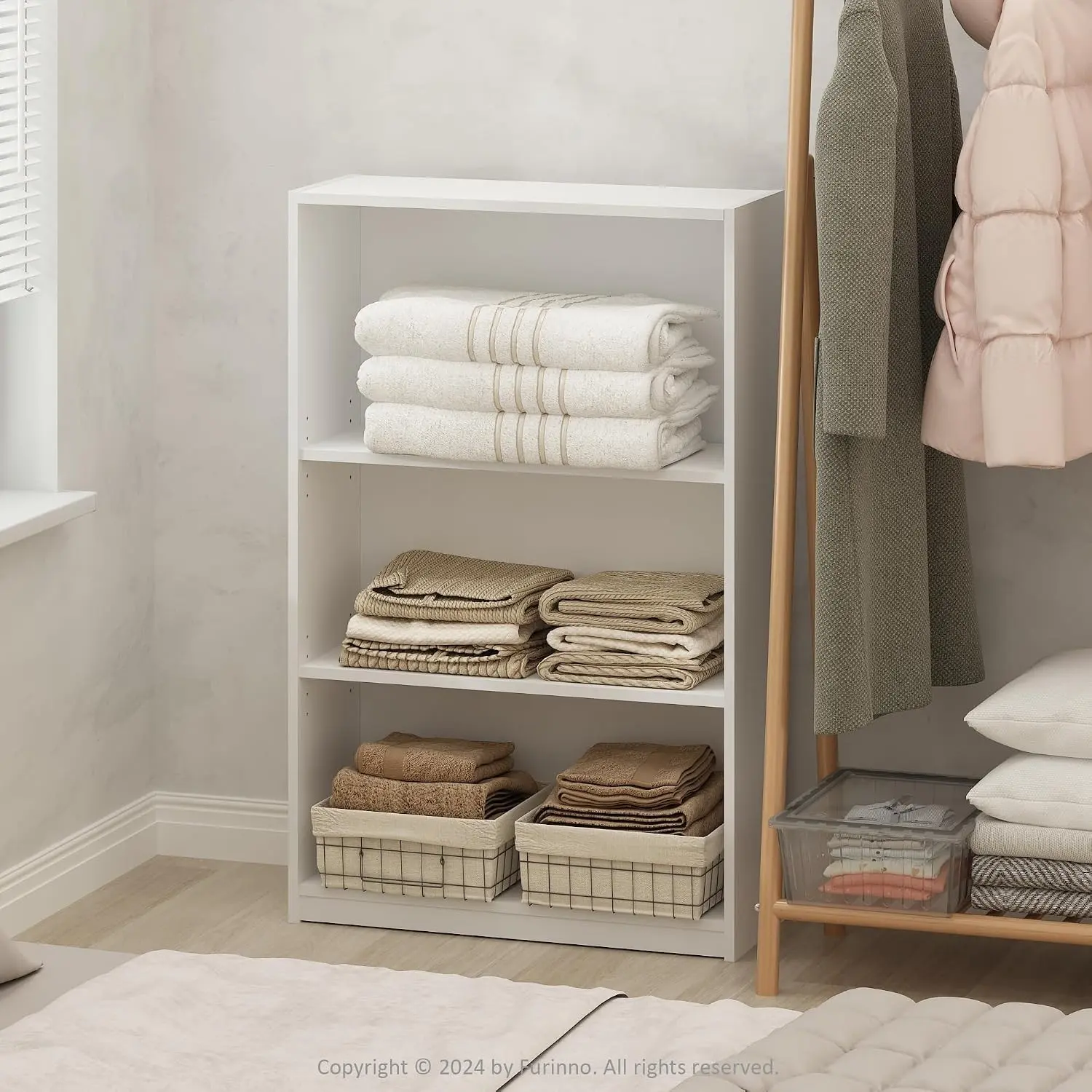 Reed Closet Organizers and Storage, 3-Tier Closet Organizer, Open Shelf Closet Storage, for Wardrobe, Bedroom, Living Room, White