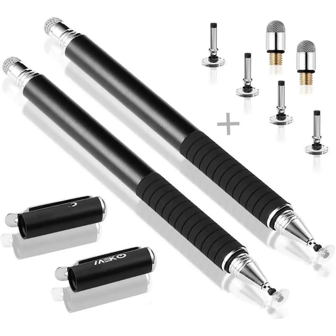 2-Pack Durable Dual-Tip Stylus Pens - 2 in 1 Precision Series Steel Body Disc Stylus for Capacitive Touchscreen Devices, Android/iOS Cell Phones, Tablets, Laptops with 6 Extra Tips (Black/Black), Smartphones/Tablets/Laptops