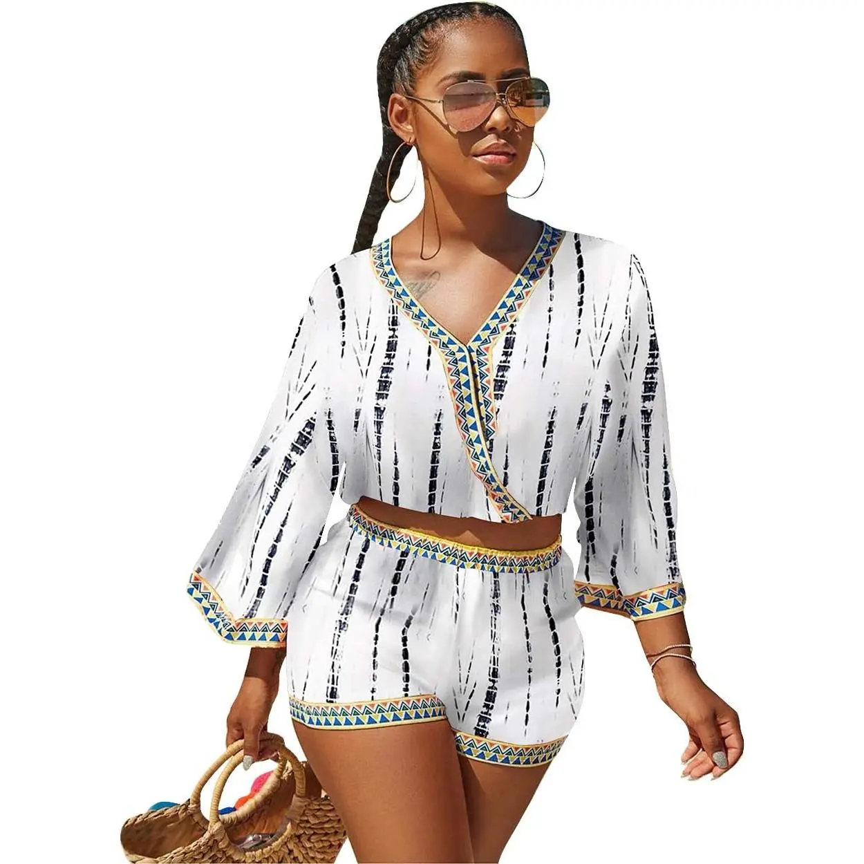 Sexy Two Piece Shorts Set - African Floral Jumpsuits Rompers Vacation Club Outfit