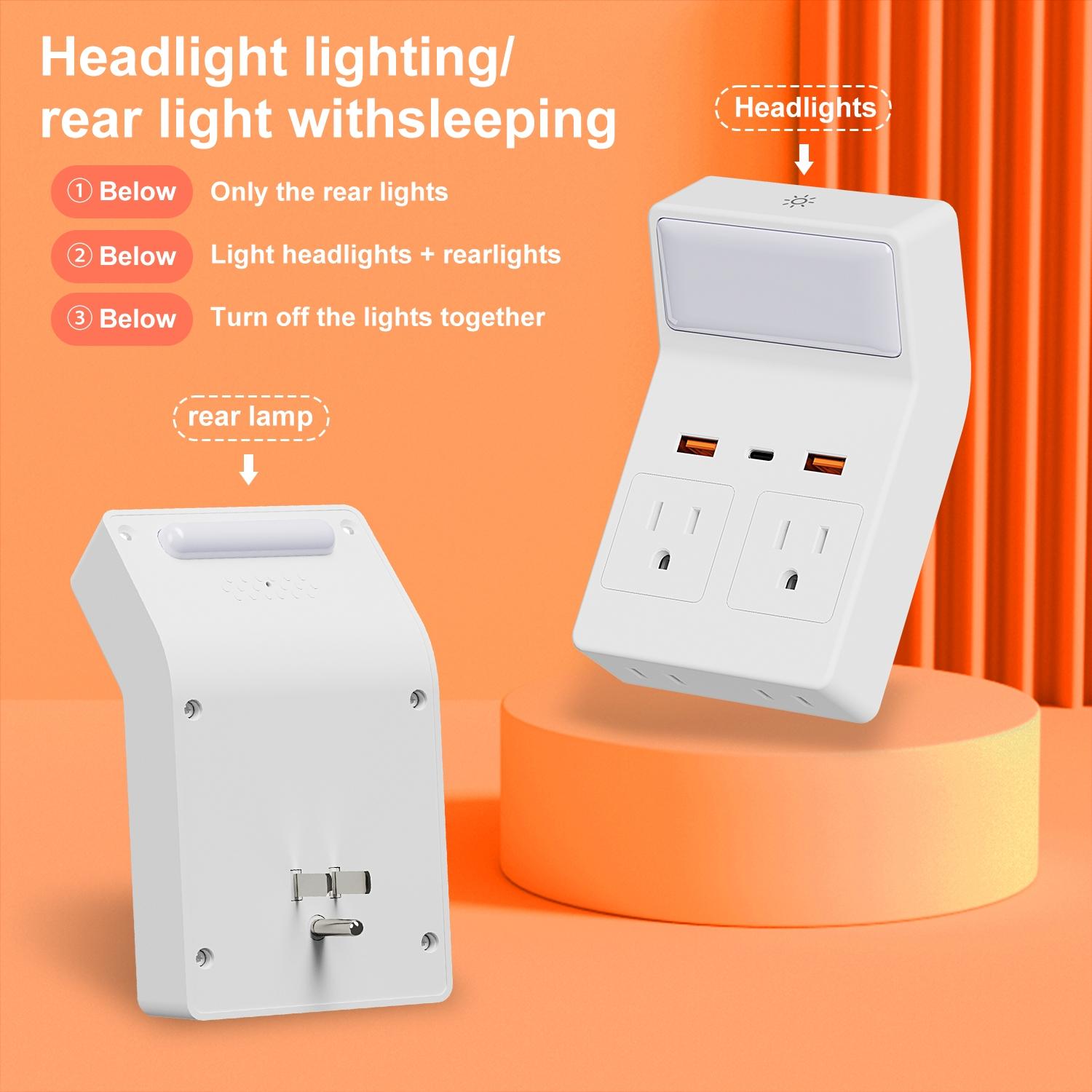 Wall outlet with night light, multi-functional socket converter with protection and extension, featuring 4 AC power sockets, 2 USB ports, and 1 Type-C port, suitable for home, office, and travel use plug