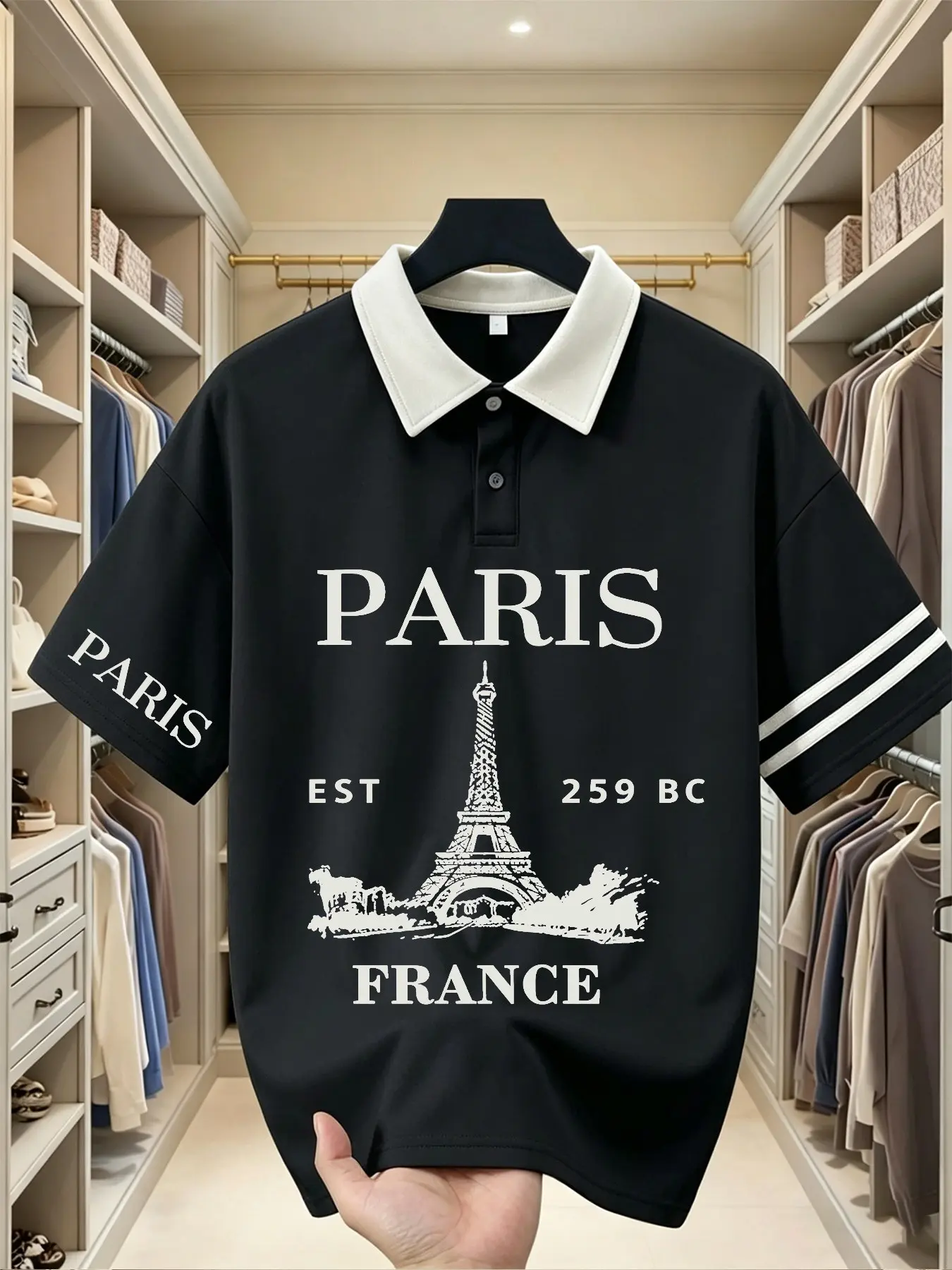 Fgfs Paris Eiffel Tower Vintage Print Polo Shirt, Graphic Stripe Tee, Oversized Unisex Top, French Vacation Ootd, All Seasons