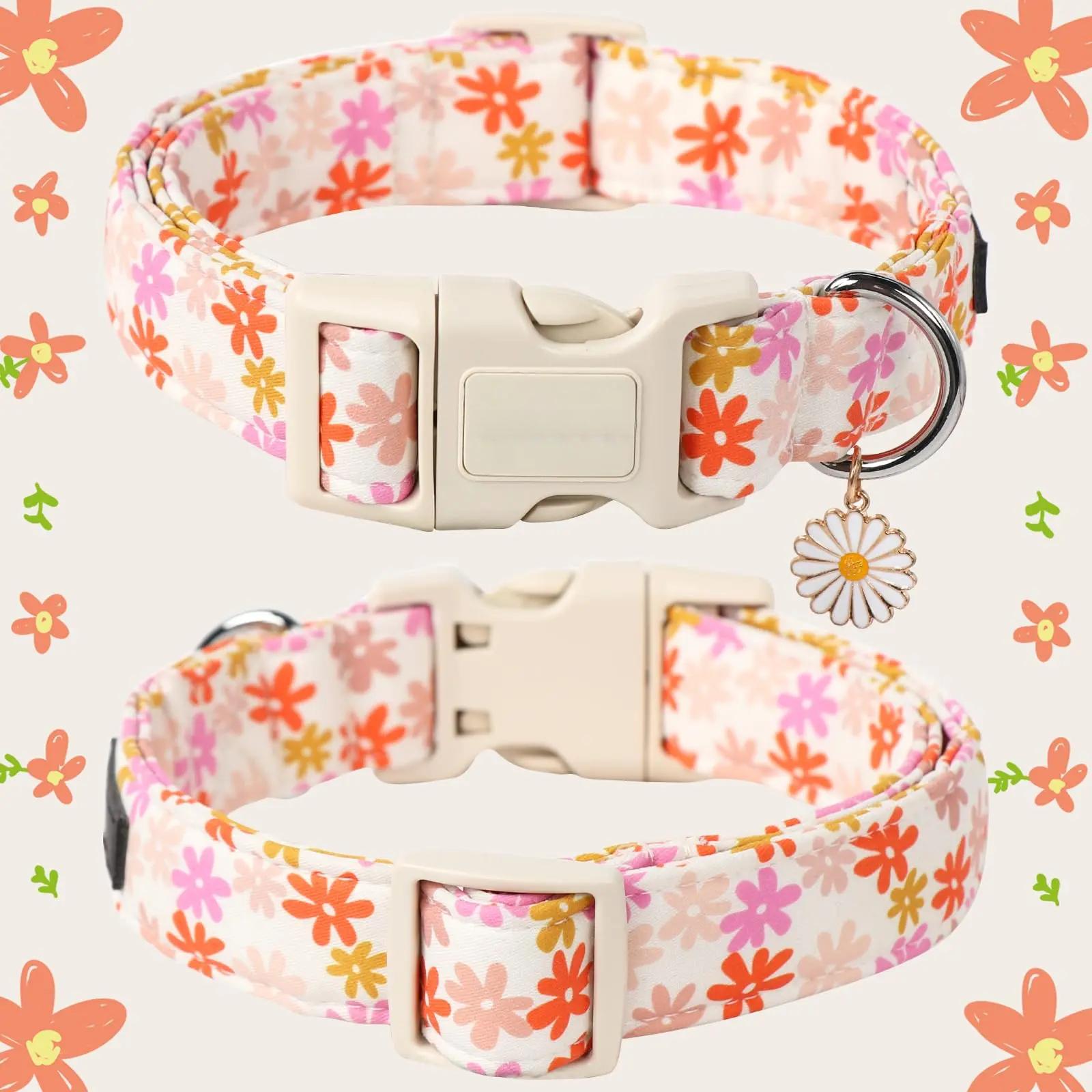 Spring Dinosaur Print Adjustable Dog Collar - Cute Collar with Pendant for Small to Large Dogs  Plastic Buckle Leashes