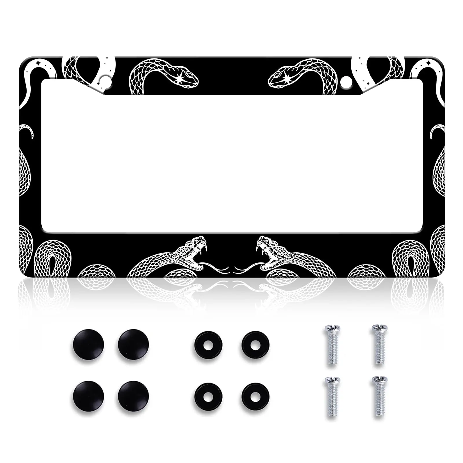 Cool Gothic Snake License Plate Frame, Black and White Viper Serpent Car Tag Holder, Aluminum Novelty Mystic Python Auto Plate Covers for Front Rear Plates with Screws Caps